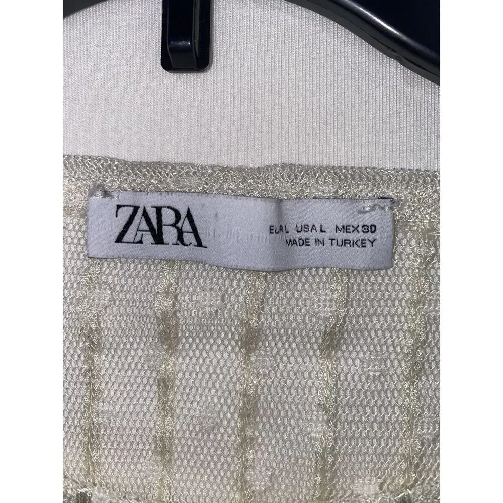 Zara Blouse Womens Large White Sheer Beaded Lace Crop Top Party Puff Sleeve